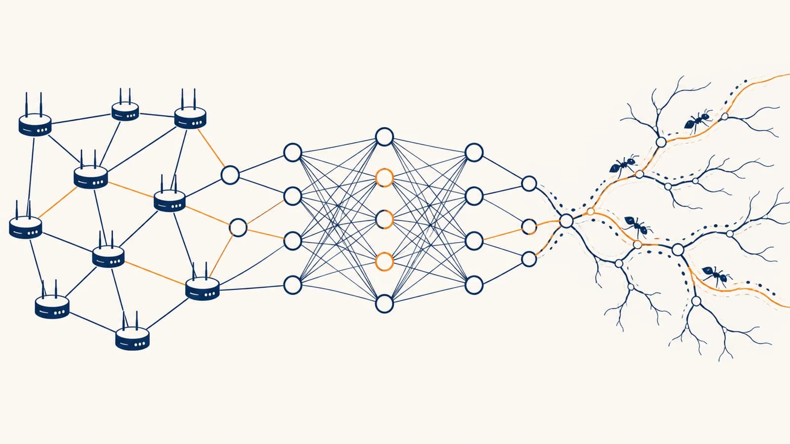 An illustration links an internet router map, a neural network, and branching ant trails with matching node and edge patterns.