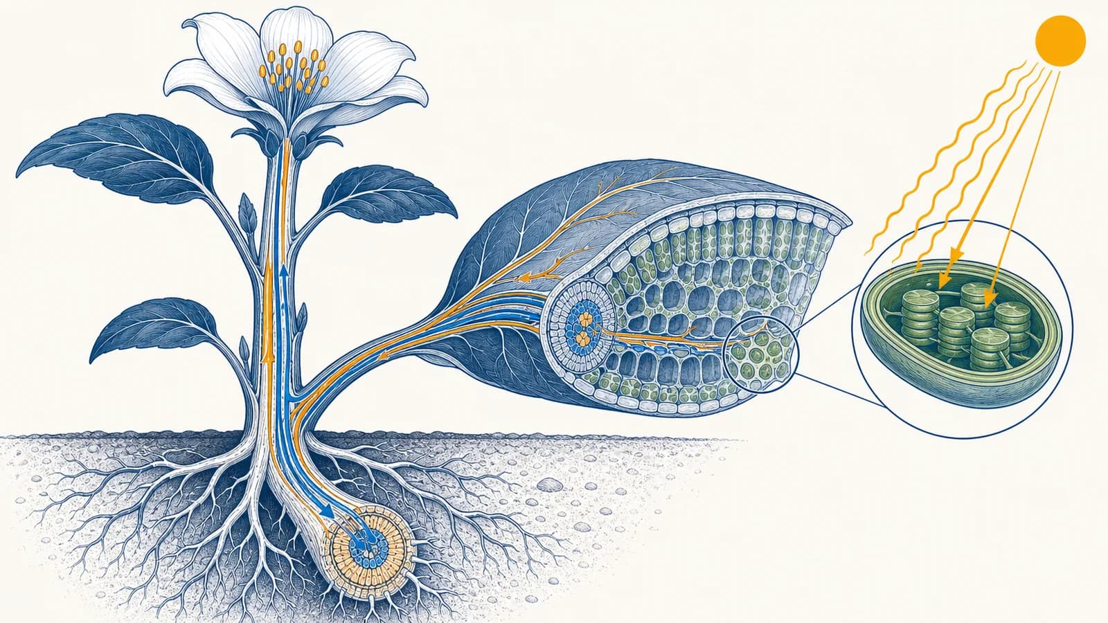 A cutaway illustration of a flowering plant showing roots, stem, leaves, flower, transport tissues, and sunlight reaching chloroplasts.