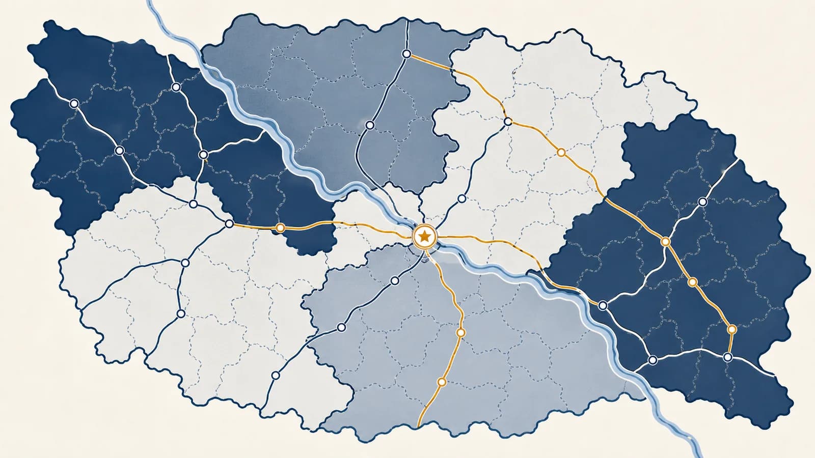 An illustrated political map shows borders, a capital city, voting districts, transport routes and a river shared by neighboring states.