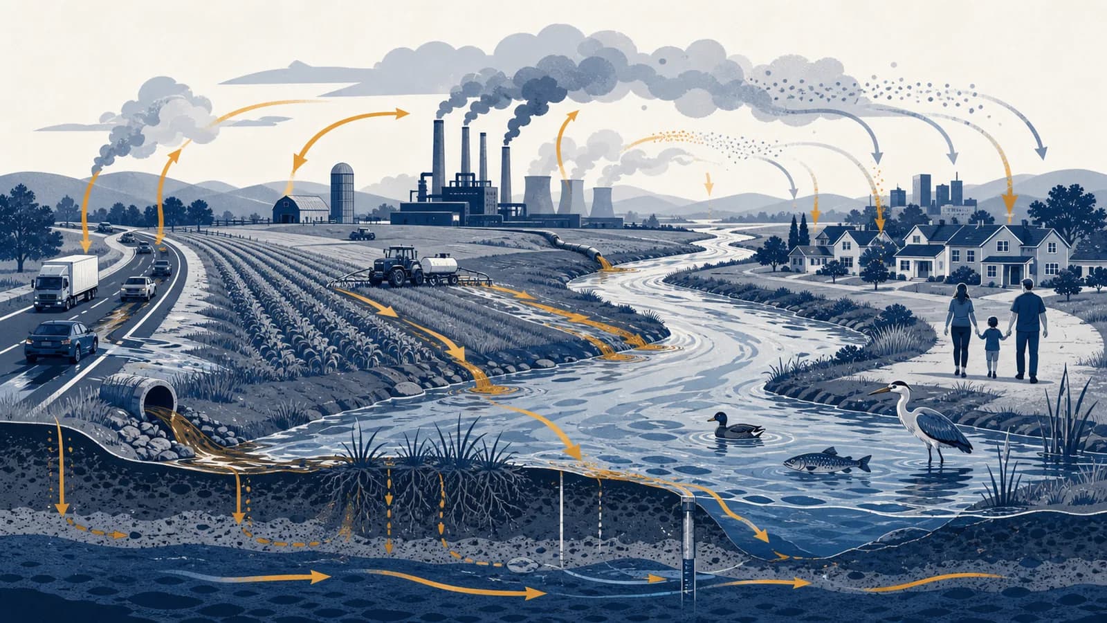 An illustrated landscape shows pollution moving from roads, farms and factories through air, rivers and soil toward people and wildlife.
