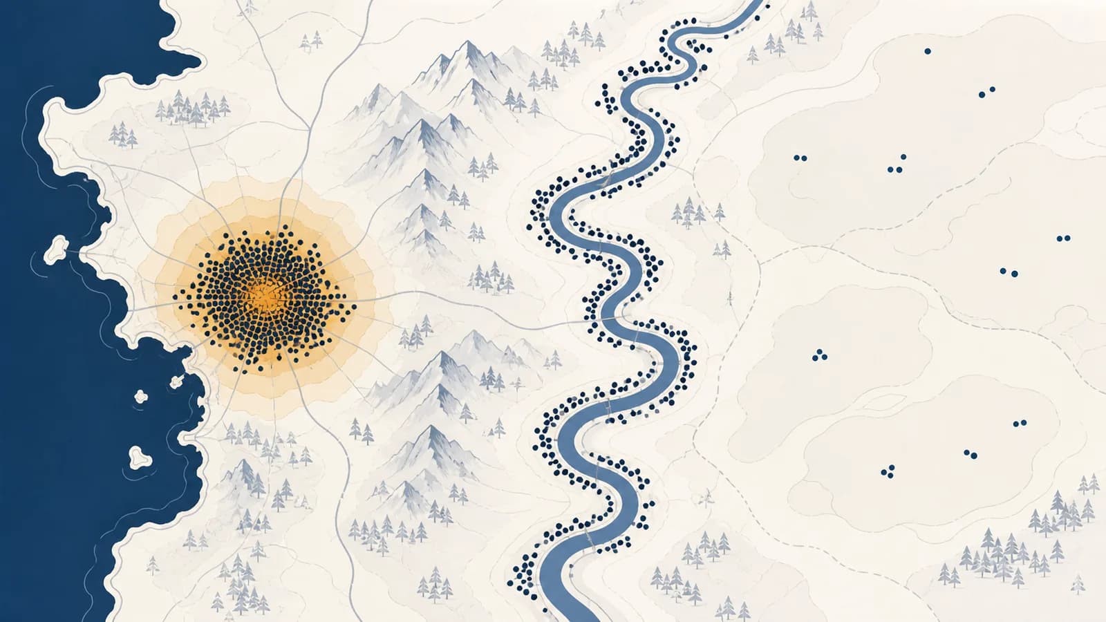 A map compares clustered city populations, linear river settlements, and sparsely inhabited land using dots and shaded density areas.