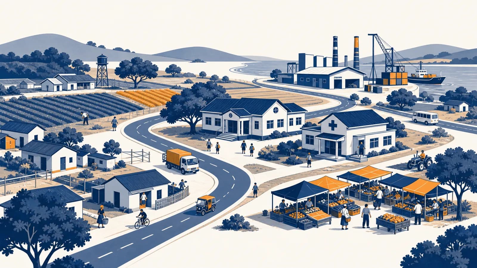 An illustration shows homes, farms, schools, clinics, roads, and markets connected within a developing economy.