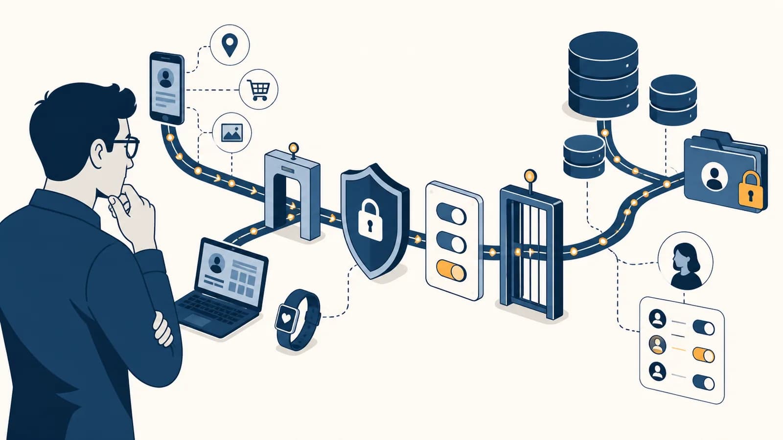 A person examines a digital data trail flowing through connected devices, databases, and privacy controls.