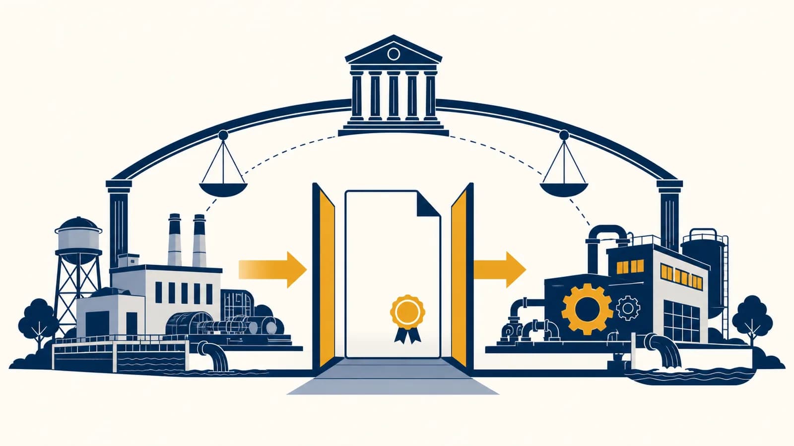 An illustration showing a public utility passing through a contract into private operation under regulatory oversight.