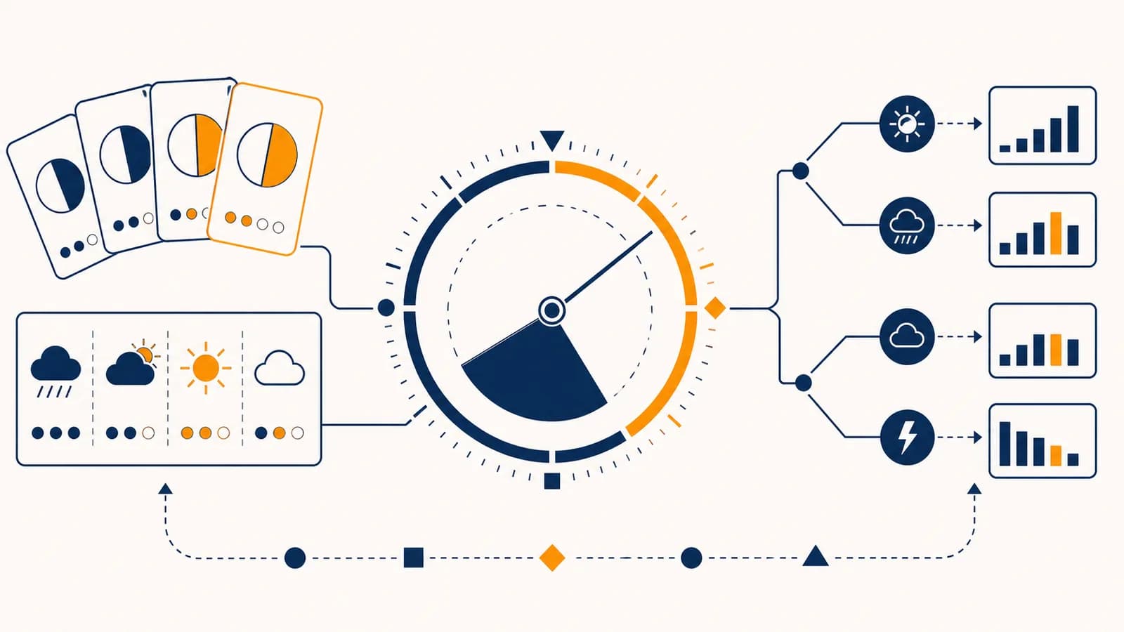 An illustration of probability cards, weather forecasts, data bars, and decision paths arranged around a percentage scale.