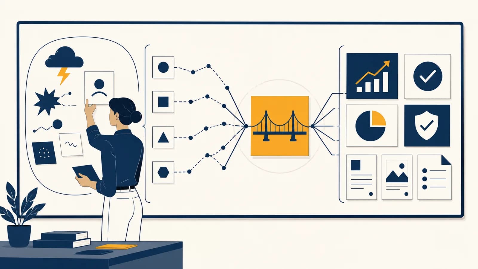 A product marketer maps a customer problem, competing options, product value, and proof on a planning board.