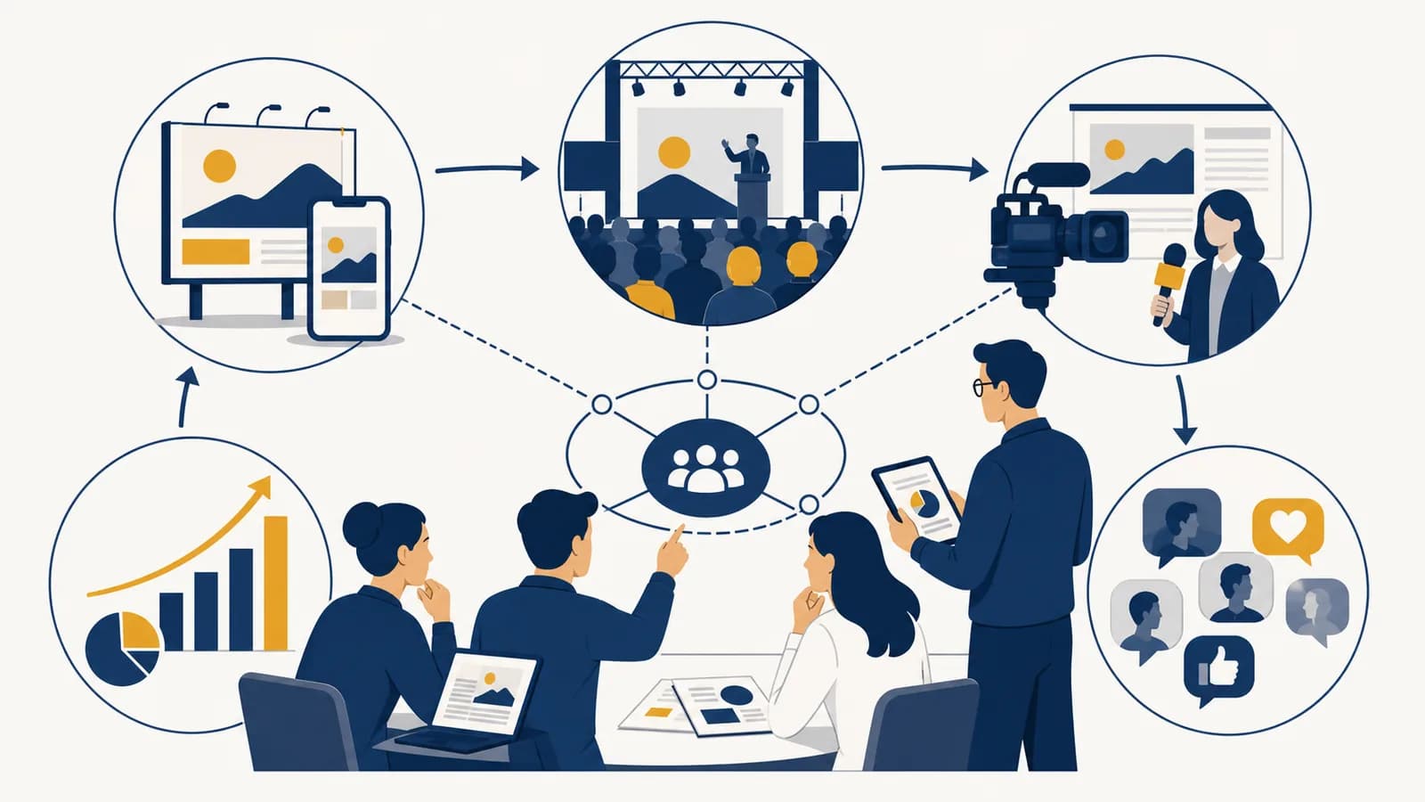 An illustration of a campaign team connecting advertisements, events, media coverage, public feedback, and performance results.