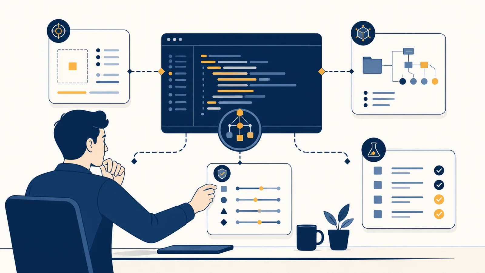 A developer arranges a coding task, project context, constraints, and tests around an AI-generated code window.