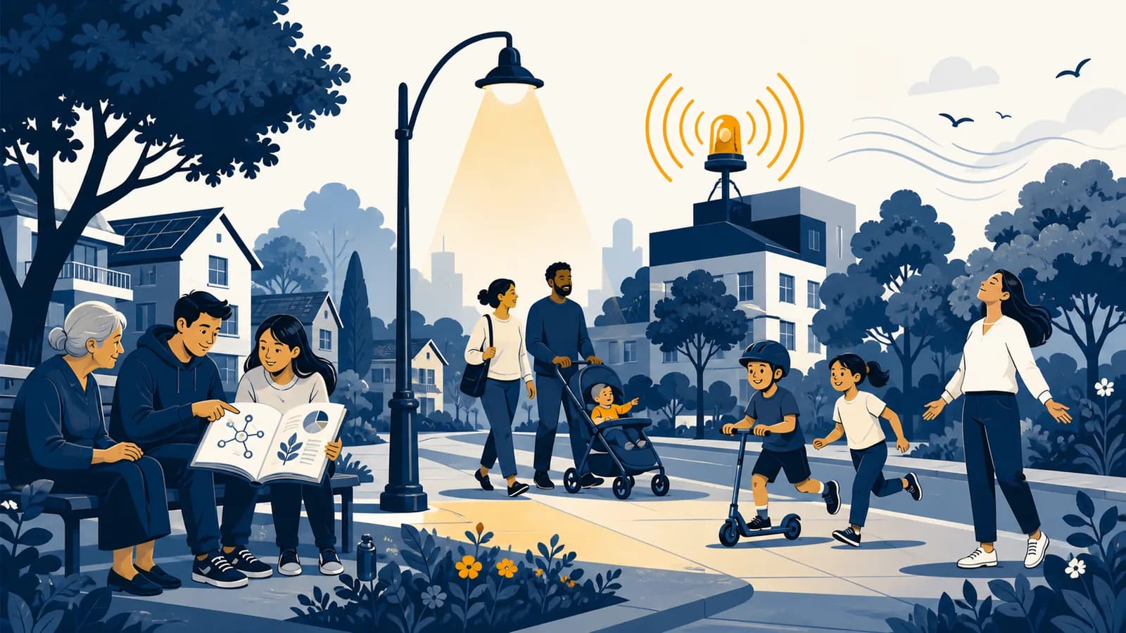 An illustration of neighbors sharing street lighting, emergency alerts, scientific knowledge, and clean air.
