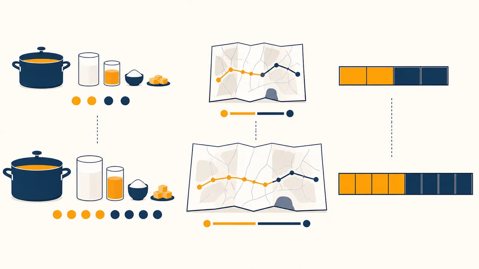 An illustration comparing recipe amounts, a map scale, and proportional bars using matching ratios.