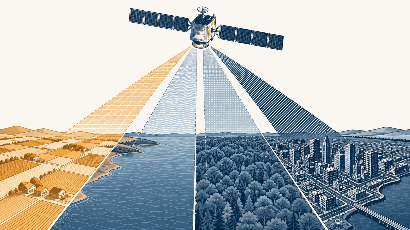 A satellite scans farmland, water, forest, and a city in separate wavelength bands.