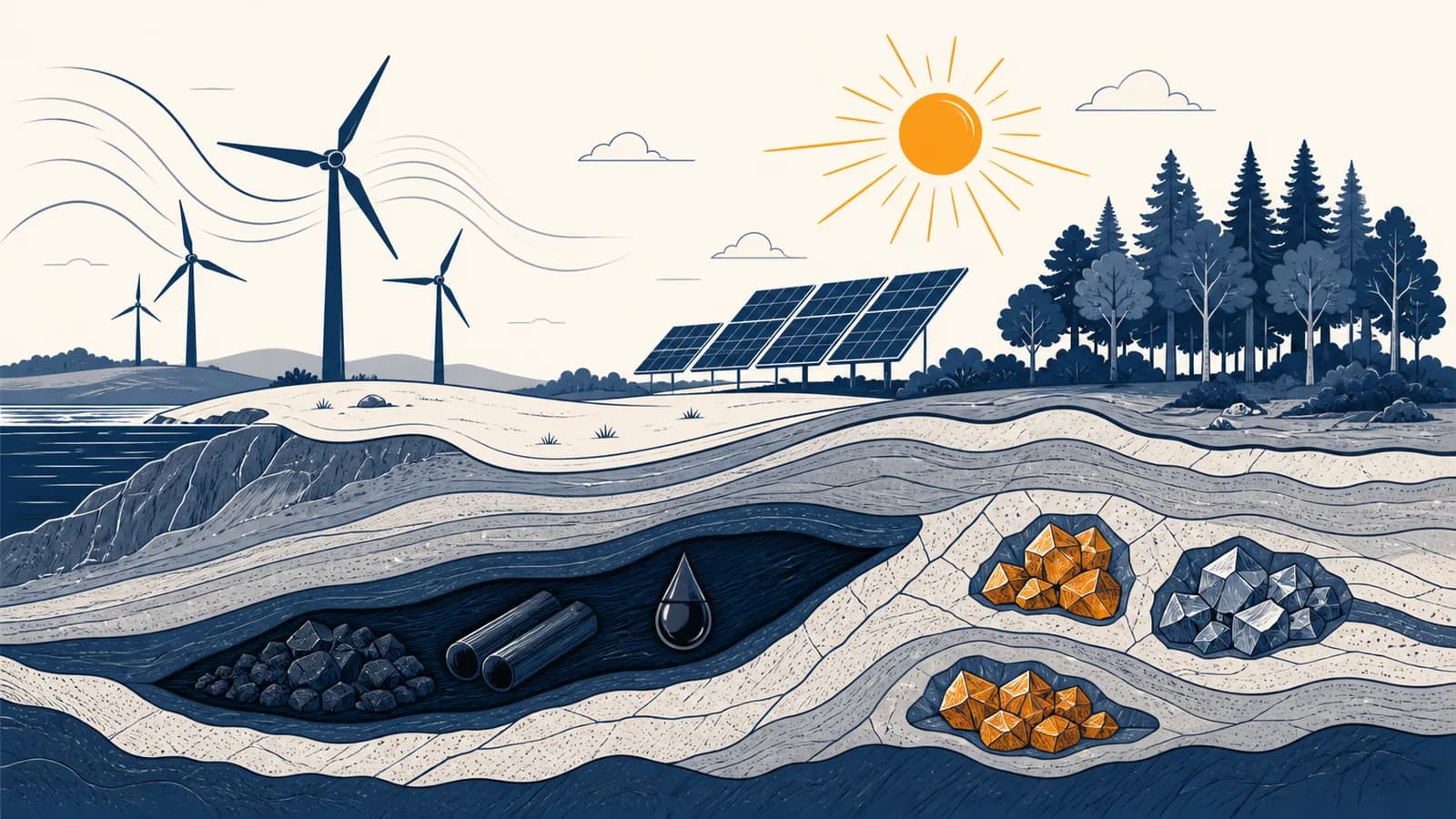 An illustration comparing wind, sunlight, forests, fossil fuels, and mineral resources across a shared landscape.