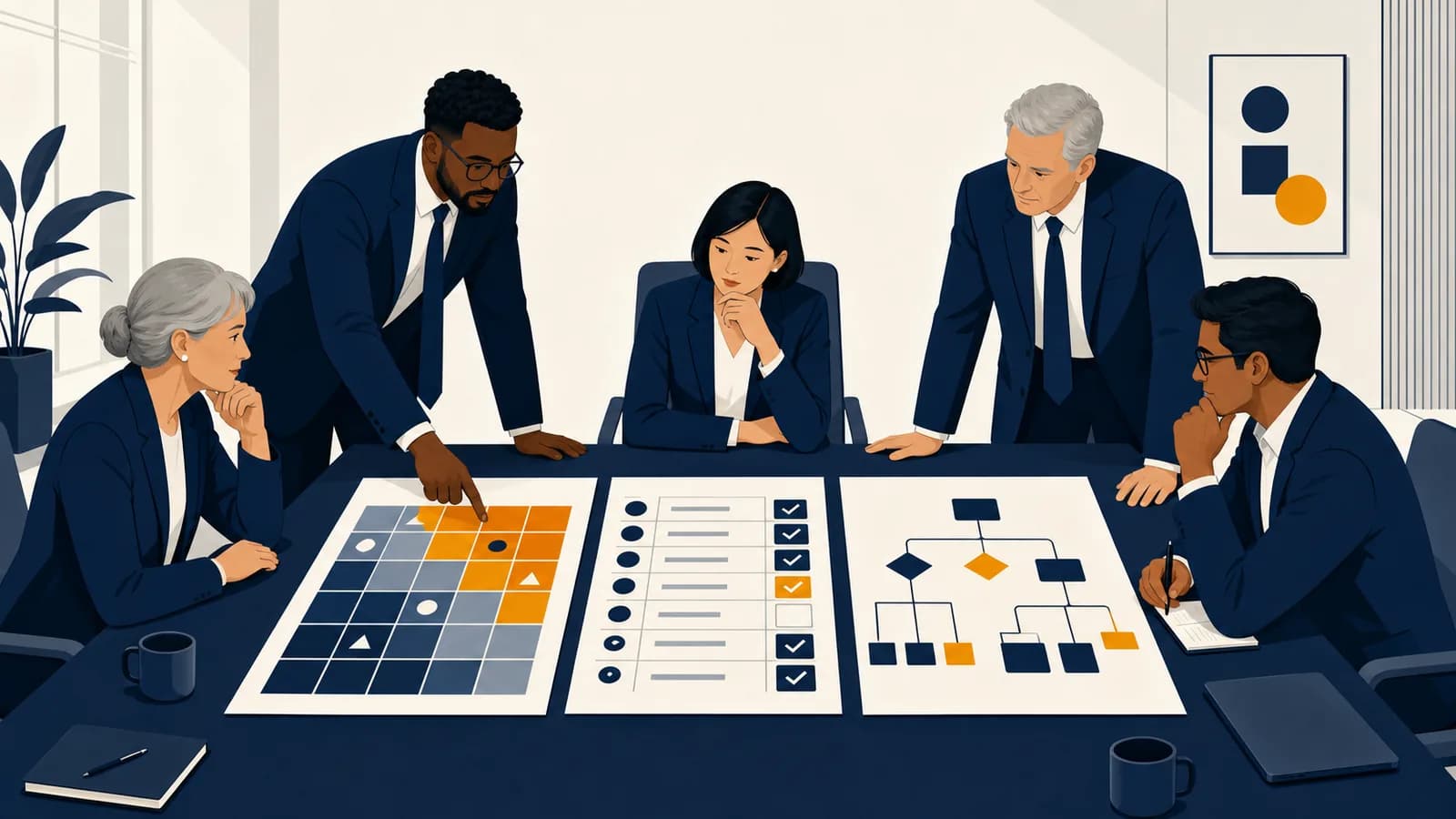 A board reviews a risk map, control checklist, and company decision chart around a conference table.