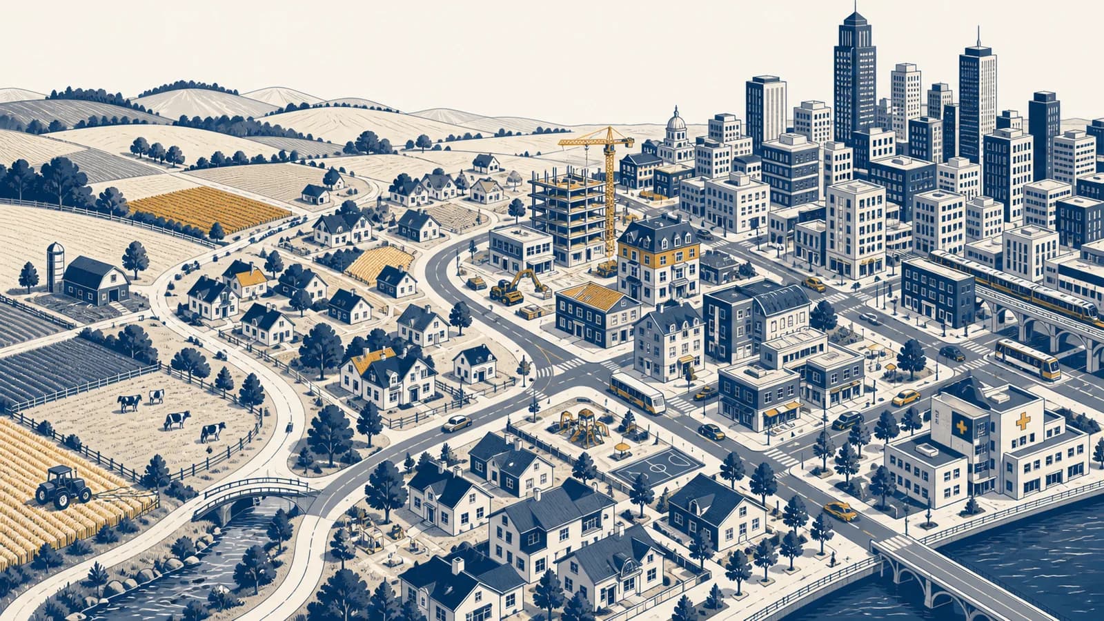 An illustration compares a connected rural village, expanding town and dense city with roads, farms, housing and public services.