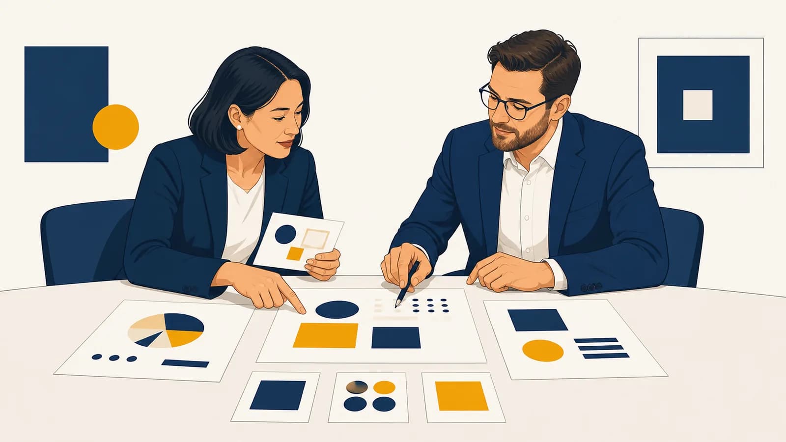 A salesperson and client reviewing needs, evidence, and next steps across a shared table.