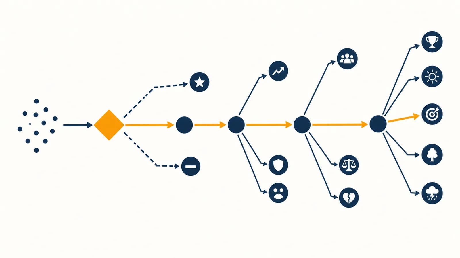 An illustrated decision tree shows one obvious choice branching into several delayed consequences.