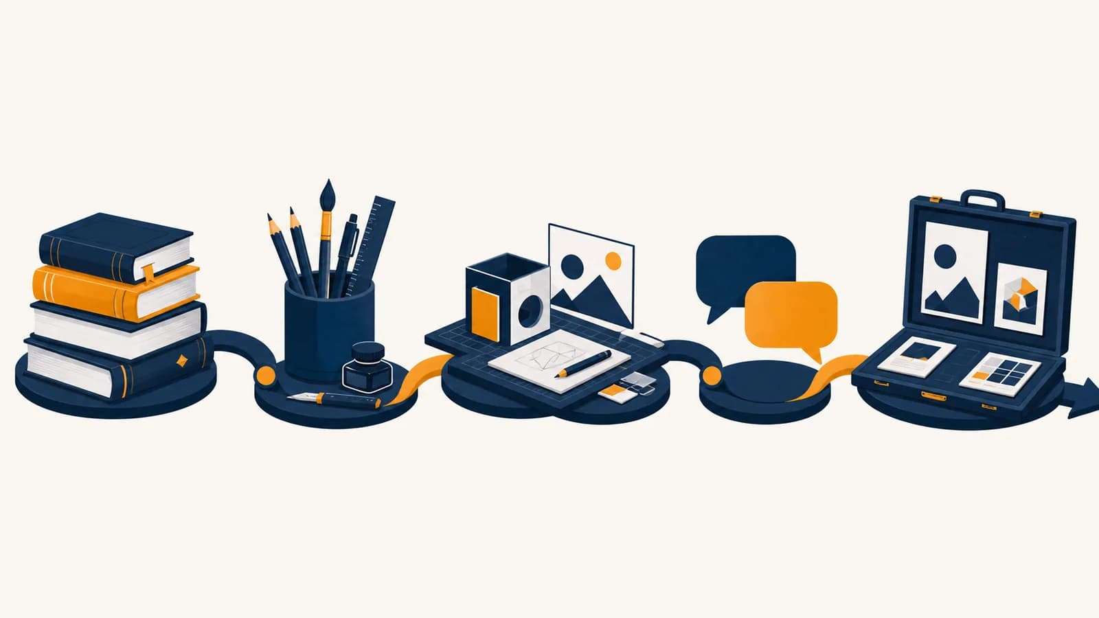 An illustrated learning path connects foundation books, tools, projects, feedback, and a professional portfolio.