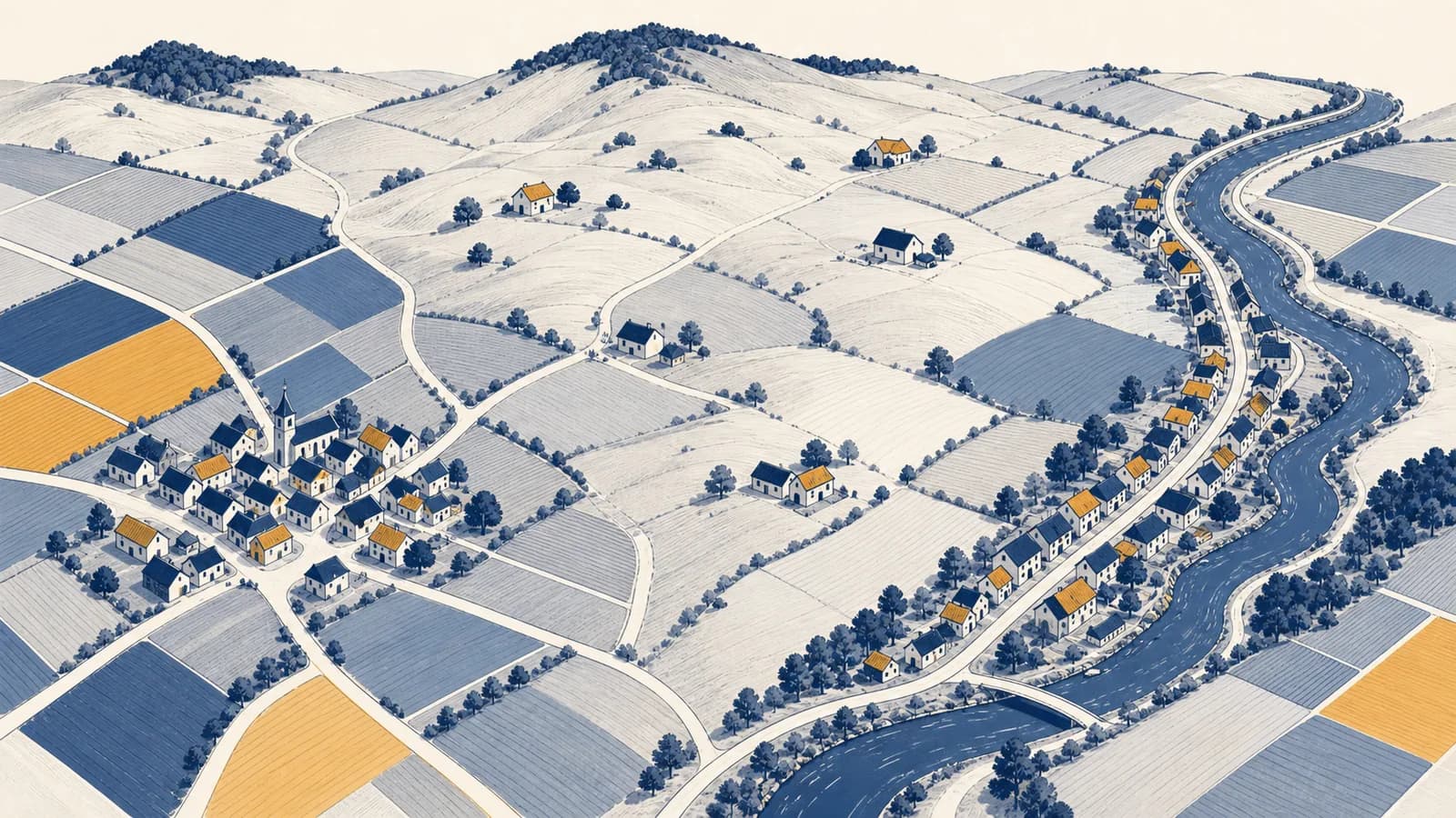 An illustrated map compares clustered, dispersed, and linear settlement patterns across roads, farmland, a river, and hills.