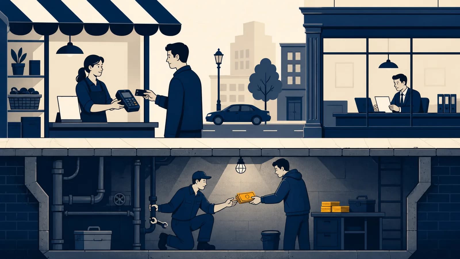 An illustration shows recorded transactions above ground and hidden cash work beneath a city street.
