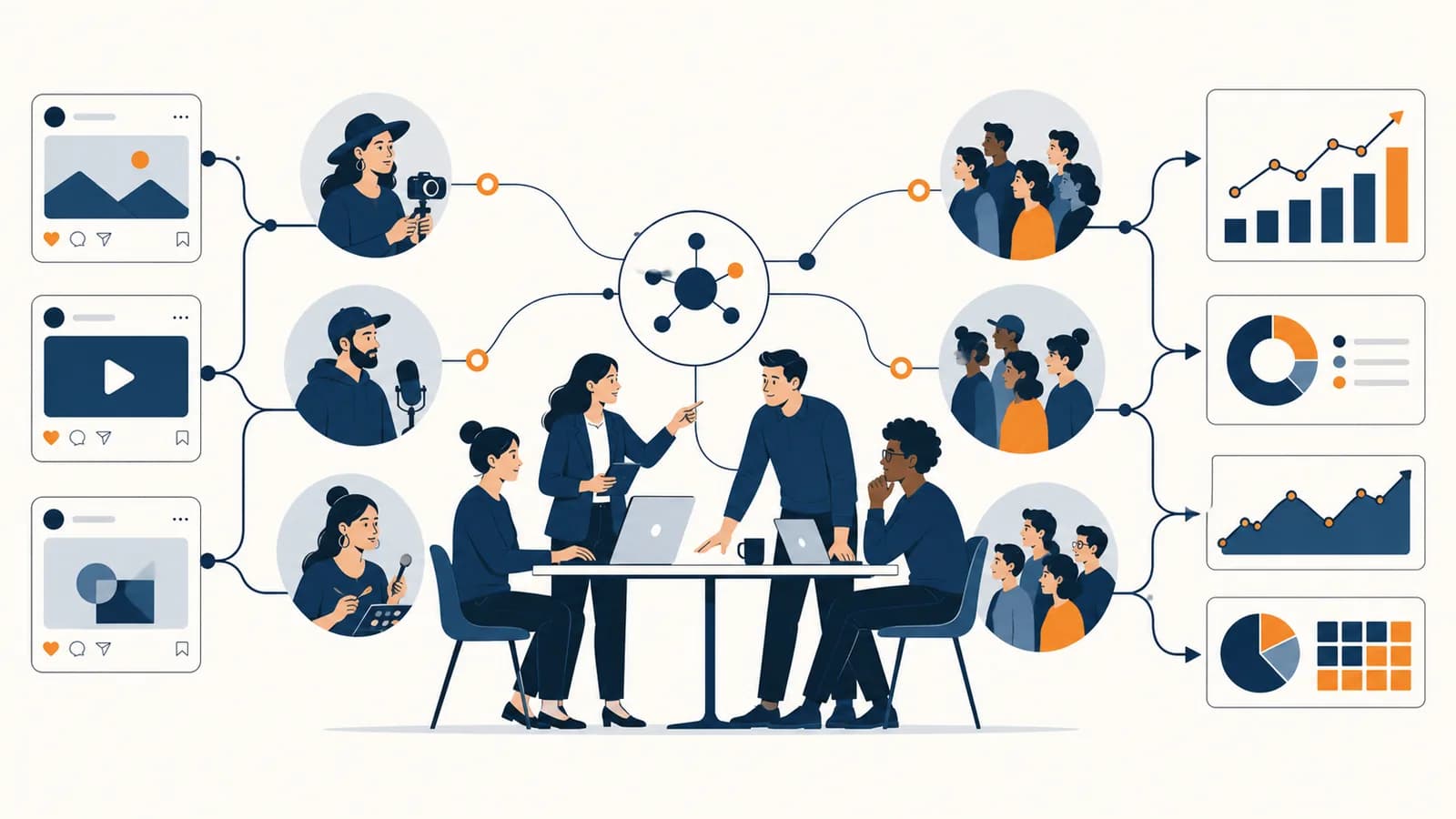 An illustration of a marketing team connecting social posts, creators, audience groups, and campaign results.