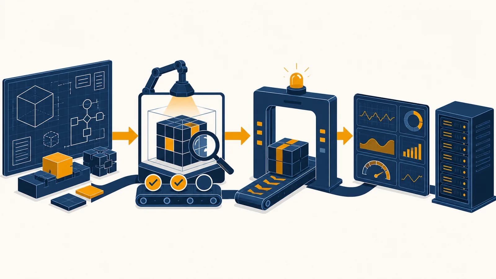 An illustration of software moving through design, testing, deployment, and monitoring stages toward a production server.
