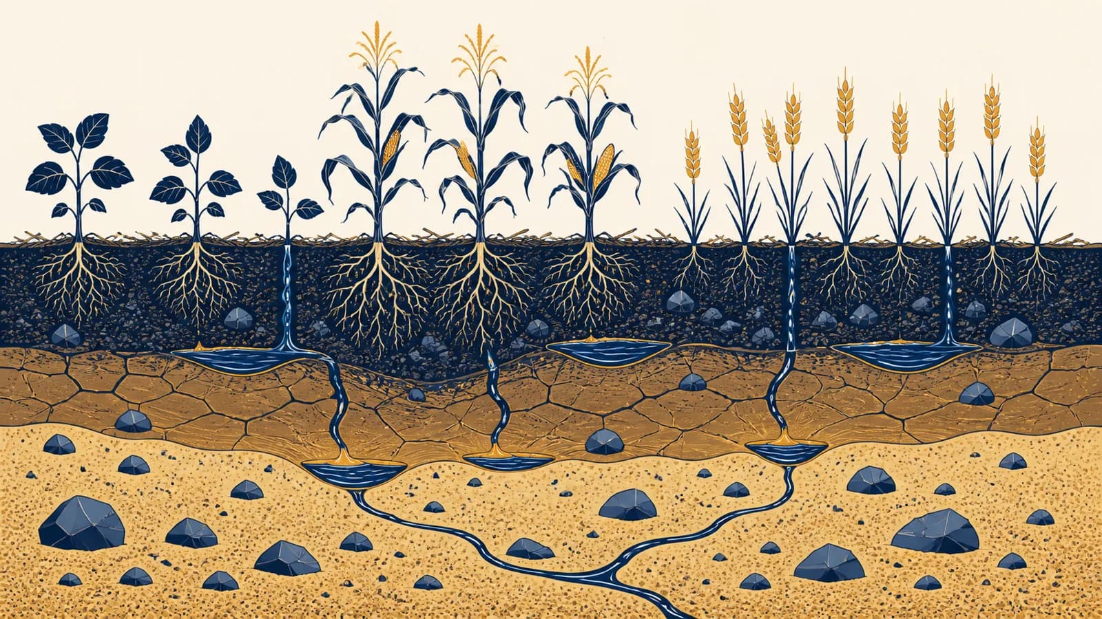An illustrated soil profile beside crops showing layers of loam, clay, sand, roots, water, and stones.