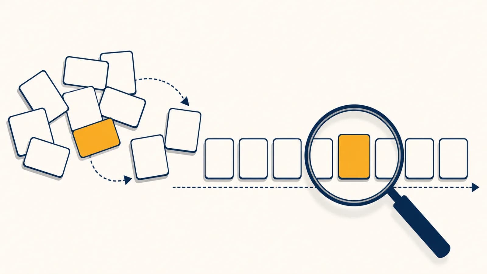 An illustration of numbered cards being sorted while a magnifying glass locates one card.