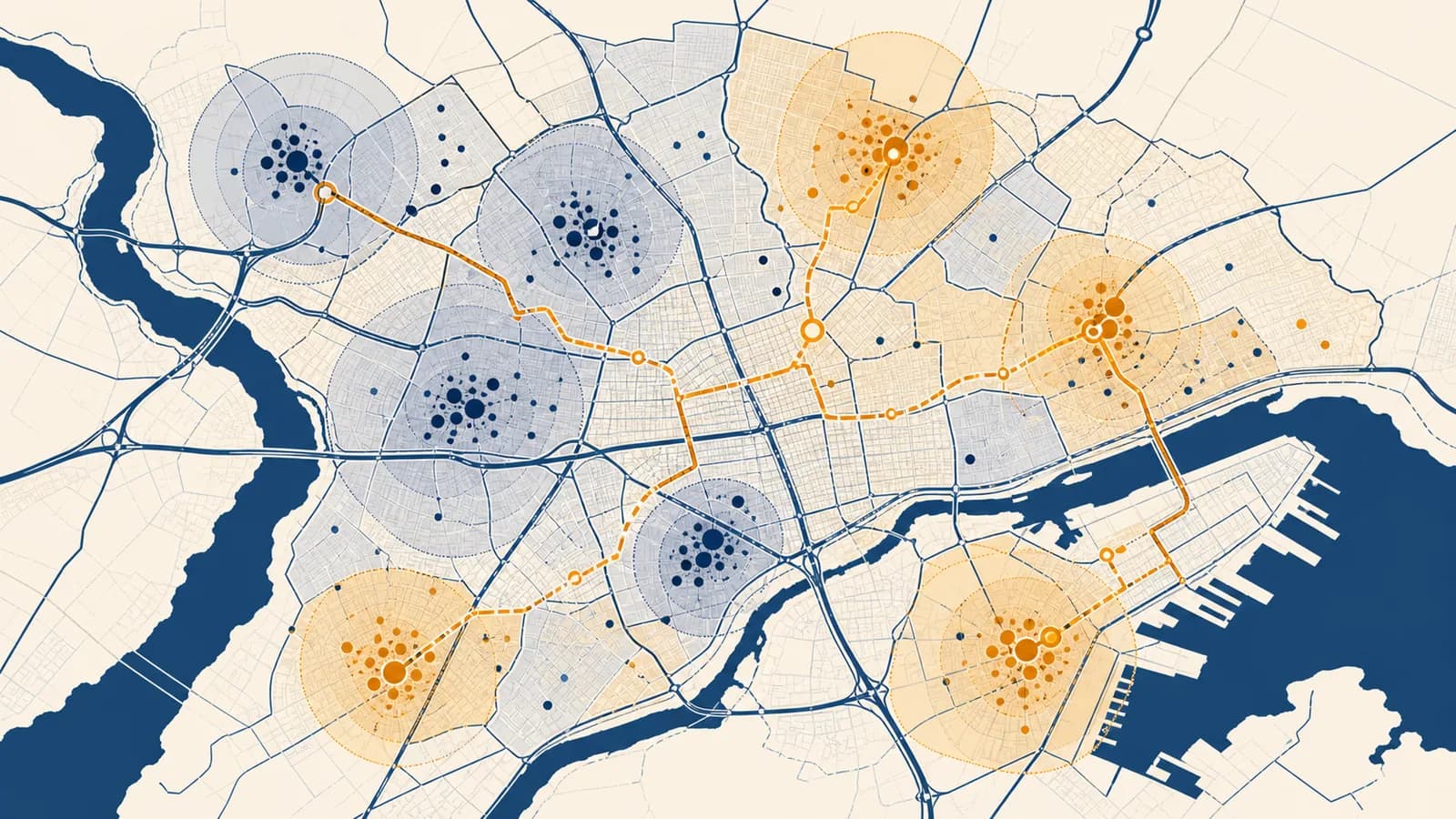 A layered city map showing roads, neighborhoods, buffers, routes, and clustered data points used in spatial analysis.