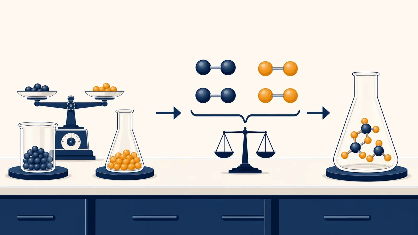 A balanced chemical equation connects measured reactants to calculated product amounts on a laboratory bench.