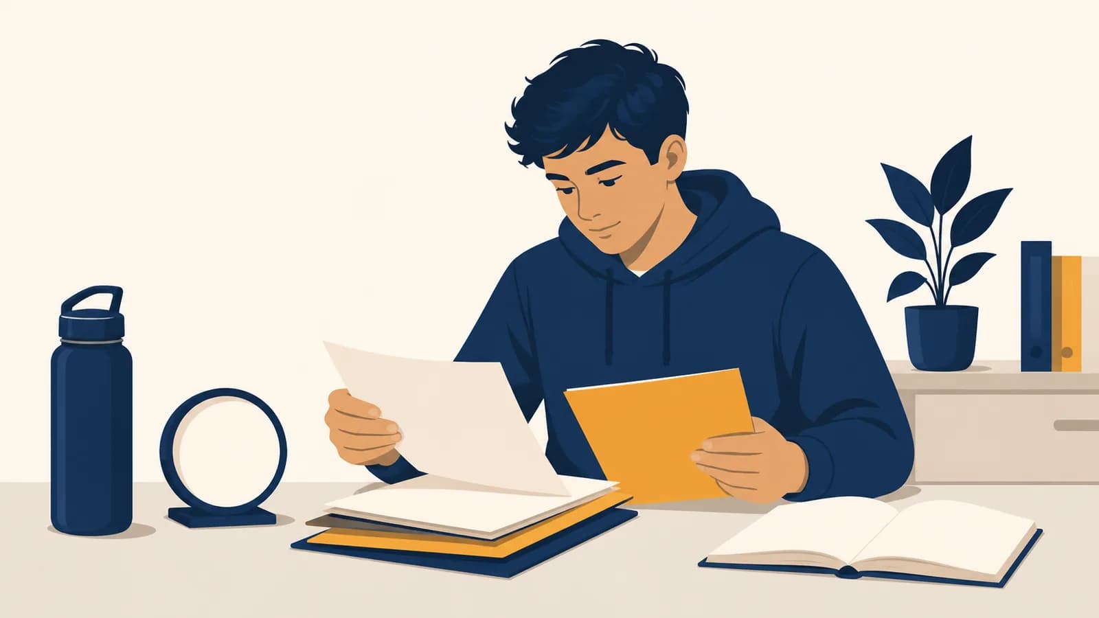 A high school student organizes assignments beside a water bottle, clock, and open notebook in a calm study space.