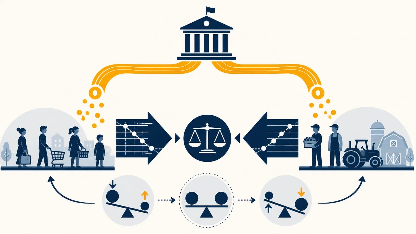 An illustration showing government support flowing to buyers and producers while market prices adjust.