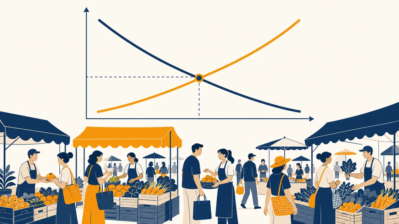 An illustration of intersecting supply and demand curves above a busy market with buyers and sellers.