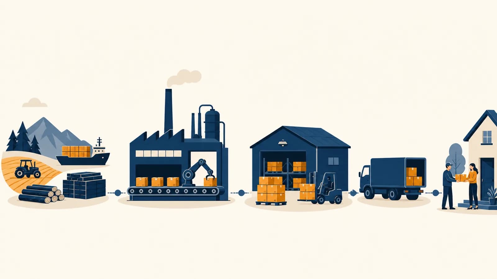 An illustration of products moving through suppliers, a factory, a warehouse and delivery to a customer.
