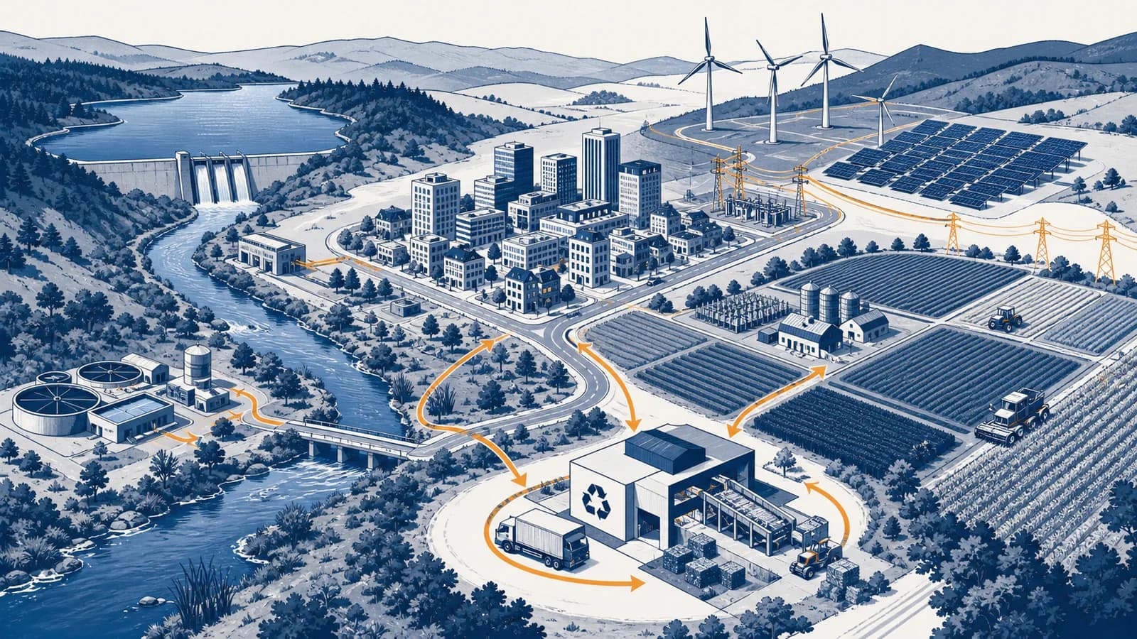An illustration links a city, farmland, water, energy systems and material recycling in one geographic network.