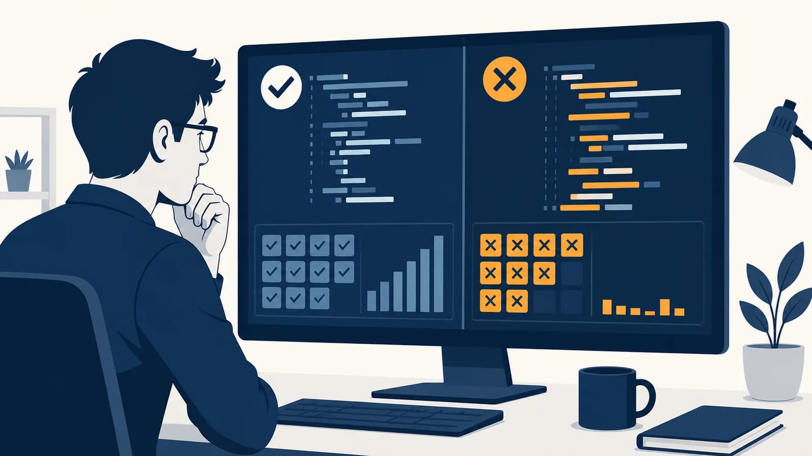 A developer compares AI-generated code with passing and failing test results on a computer screen.