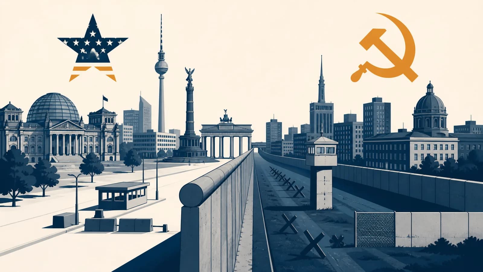 An illustration of divided Berlin beneath American and Soviet symbols during the Cold War.