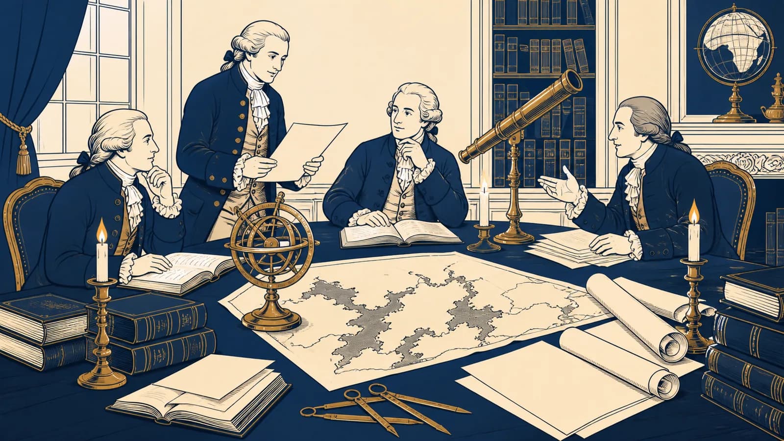 An eighteenth-century study where readers discuss books, scientific instruments, laws and a map beneath candlelight.