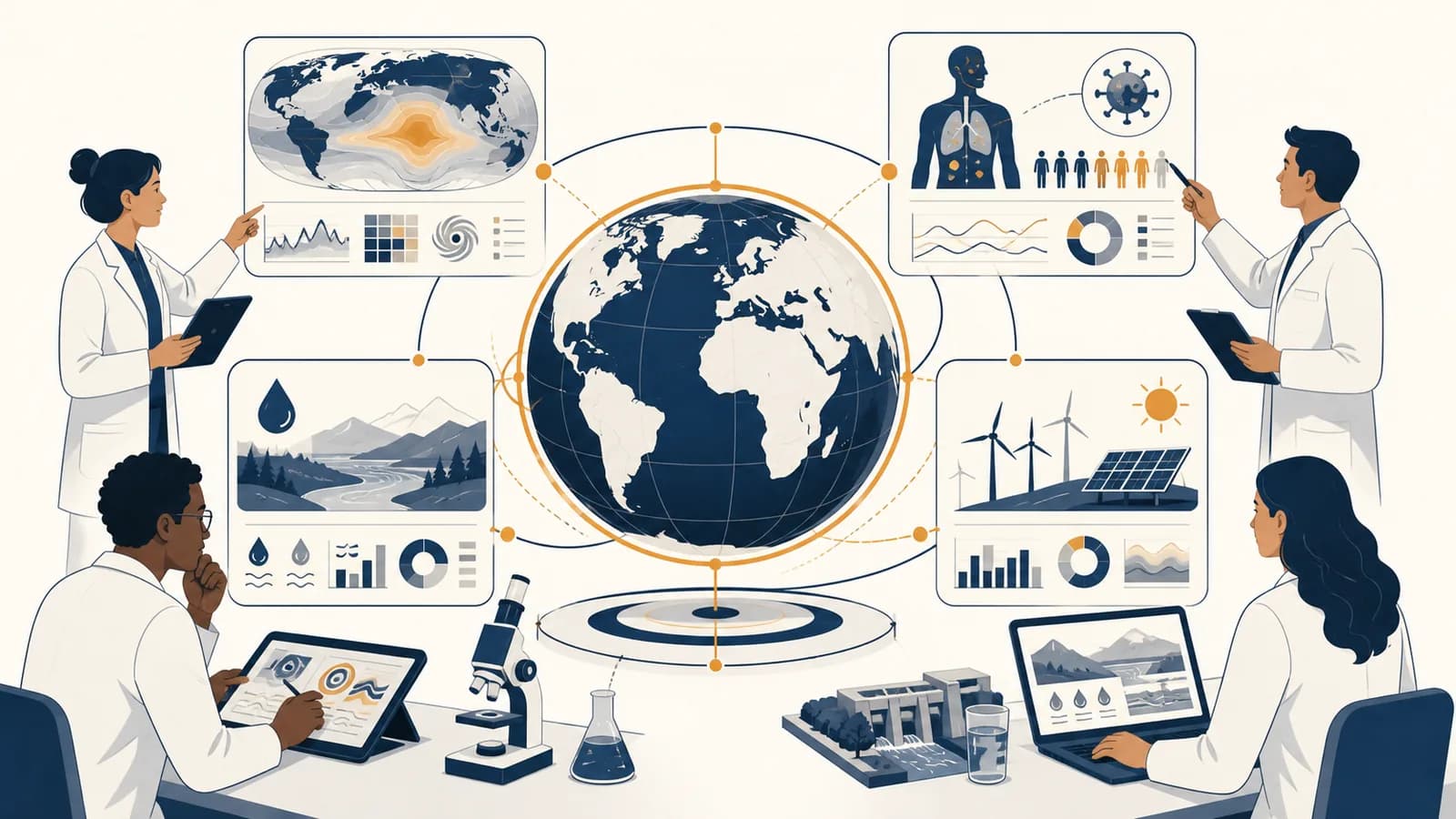 Scientists compare climate, health, water and energy data around an illuminated globe.