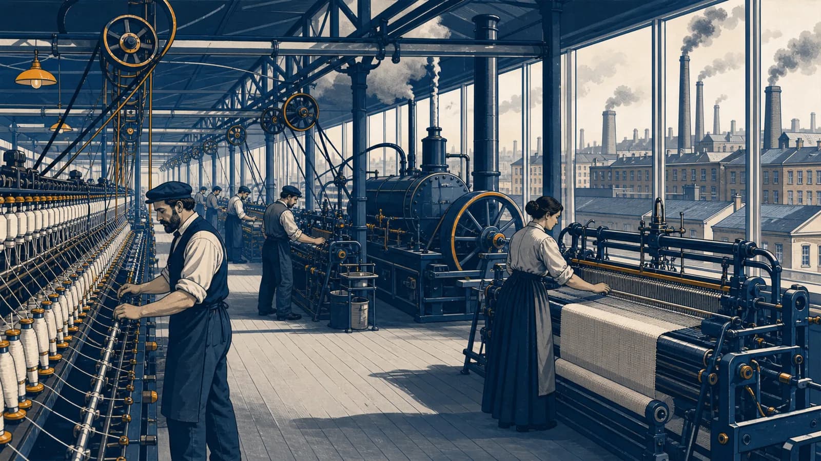 Workers operate textile machines inside a steam-powered nineteenth-century factory beside an industrial city.