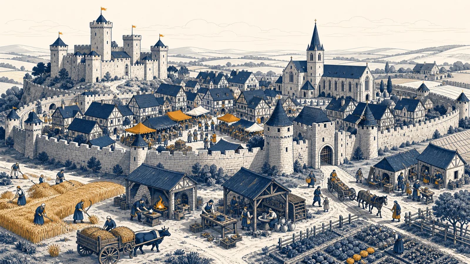 An illustrated medieval town with a castle, market, church, farms, merchants, and craftspeople working around its walls.