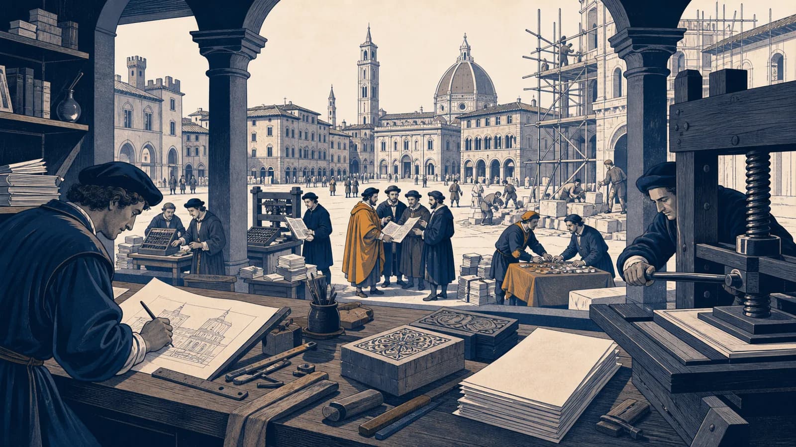 An Italian Renaissance workshop overlooks a city square filled with printers, merchants, scholars, and builders.