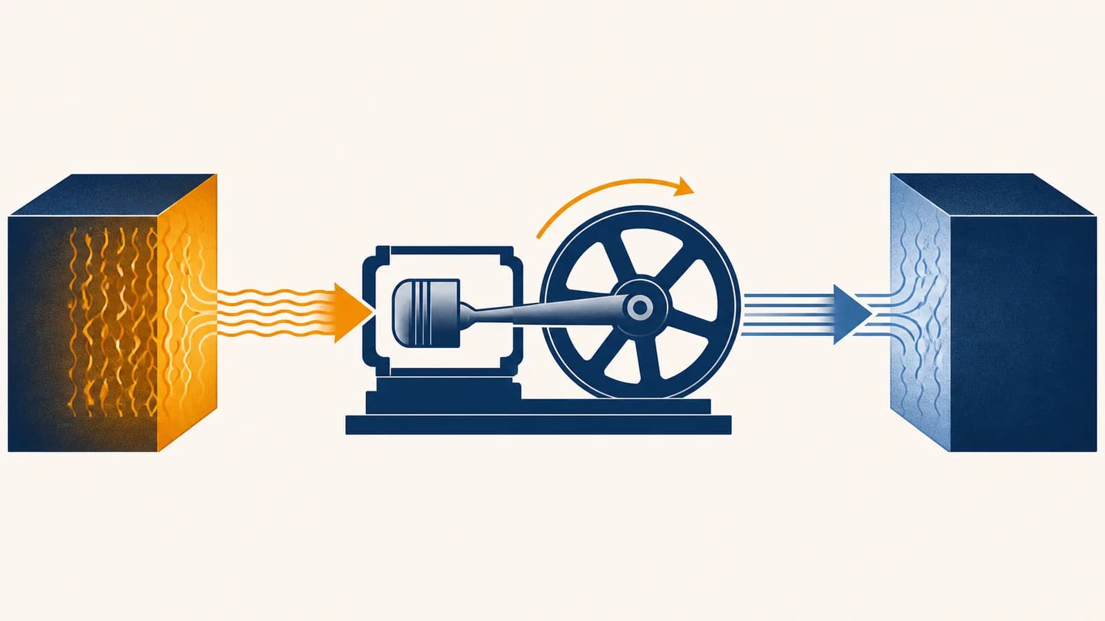 An illustration of heat flowing through an engine between hot and cold reservoirs.