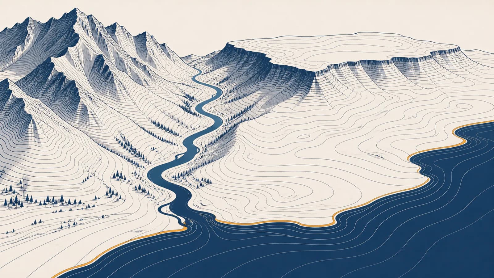 An illustrated topographic landscape with contour lines crossing mountains, a river valley, a plateau and a coastal plain.