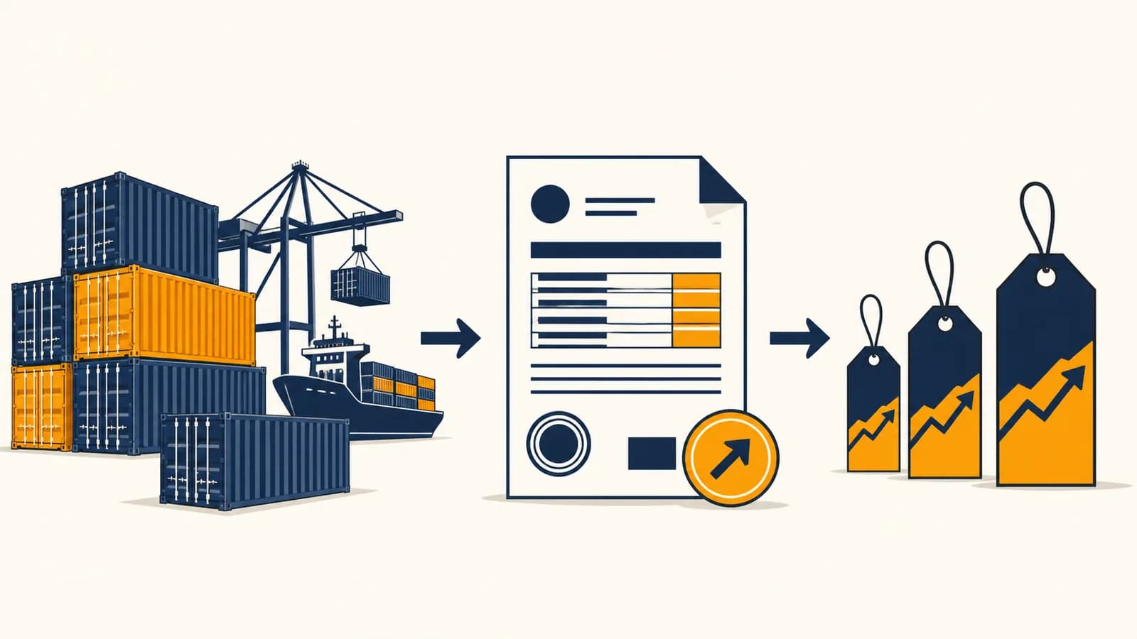 Cargo containers, a customs document, and price tags illustrate how a tariff moves through a supply chain.