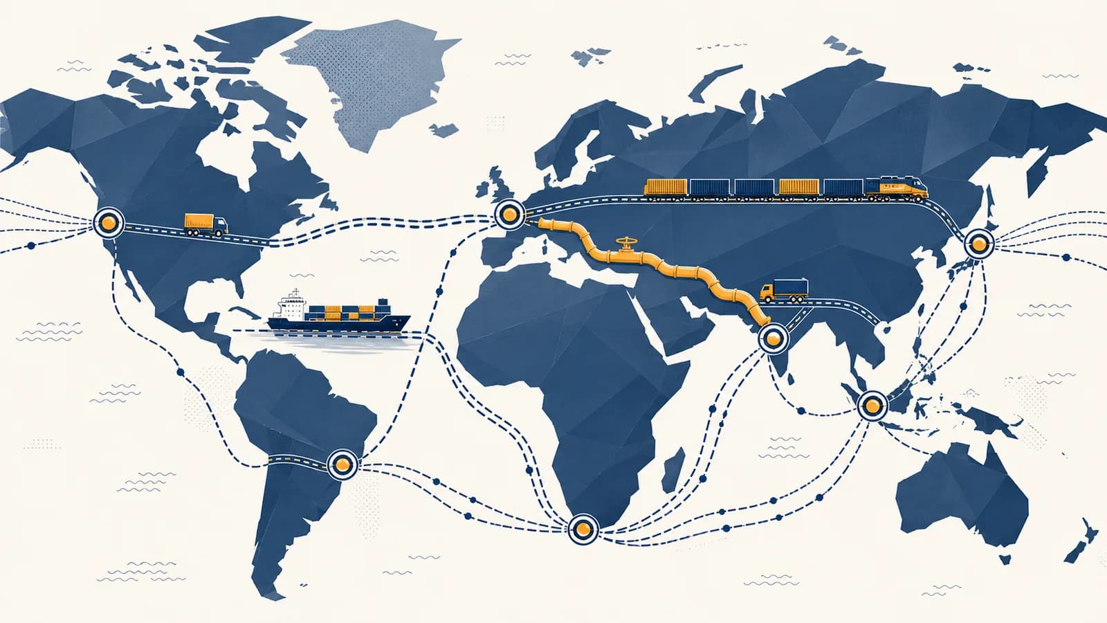 Cargo ships, trains, roads, pipelines, and cables connect trade hubs across a world map.