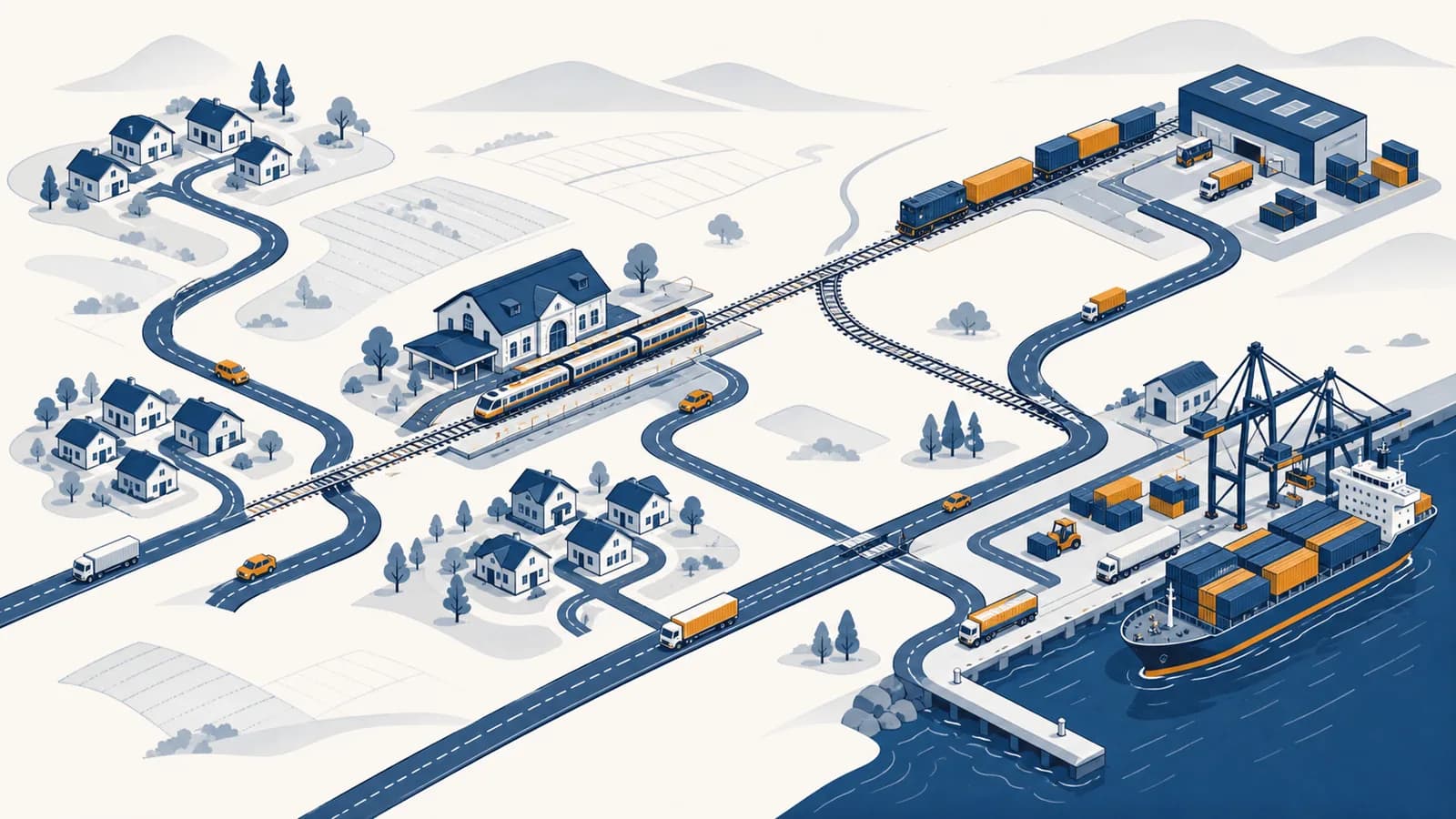 An illustrated transport map connects homes, a station, roads, rail lines, a port, and a freight hub.