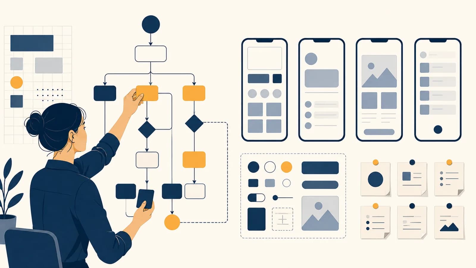 A designer maps a mobile app flow beside wireframes, interface components, and usability notes.