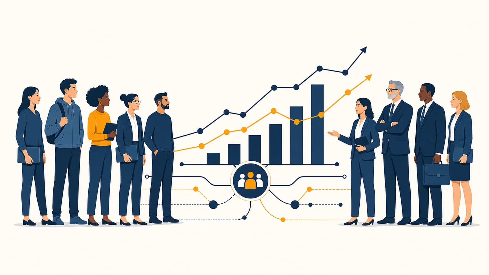 An illustration of job seekers and employers connecting through a labor market chart.