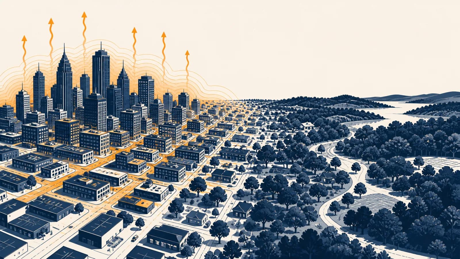 An illustration compares a hot built-up city centre with cooler tree-covered land nearby.