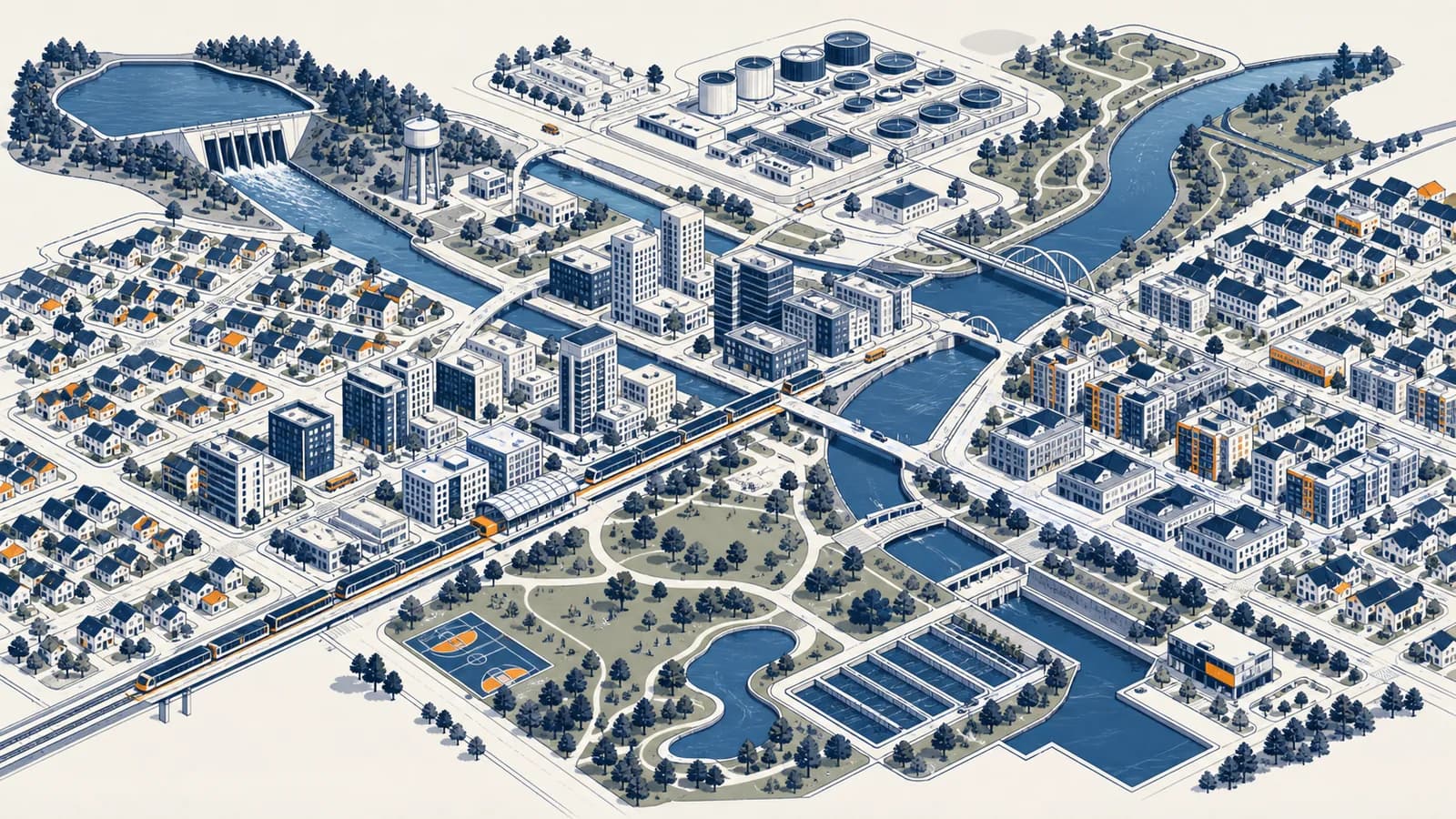 An illustrated city plan showing housing, streets, transit, parks and water infrastructure connected across several neighborhoods.